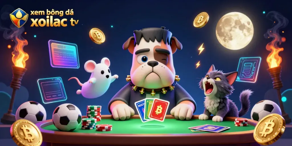 Xem bóng đá xoilac tv sports betting scene with a Frankenstein bulldog dealing cards surrounded by vibrant game elements.