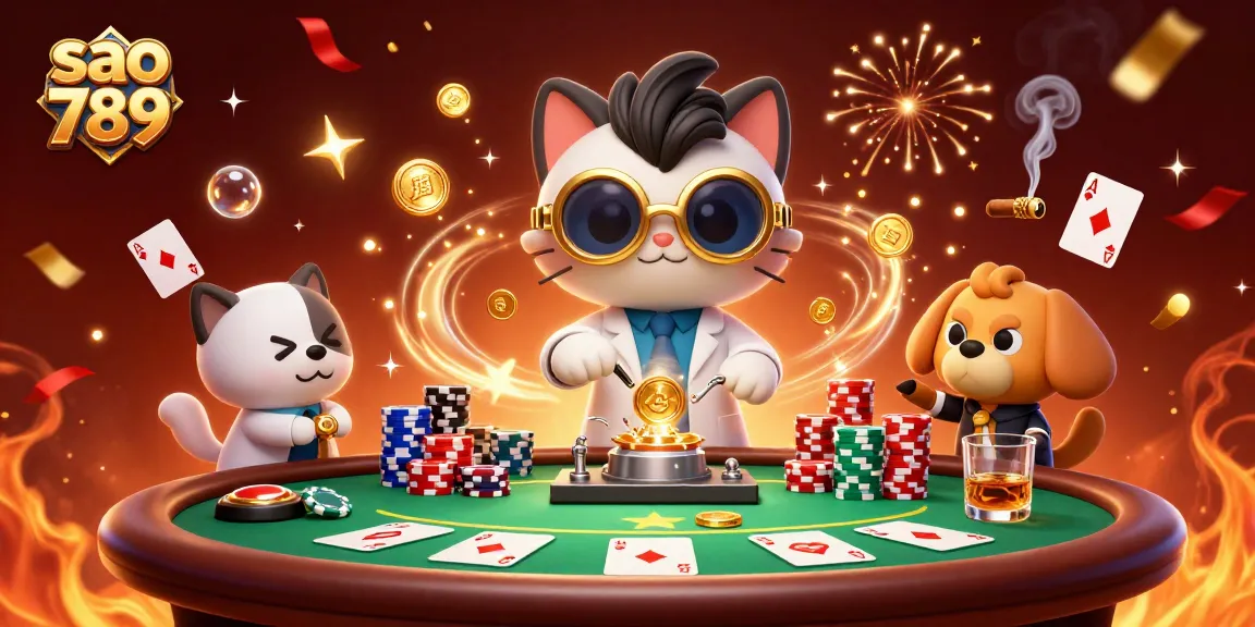 Sao 789 showcases a lively scene with a mad scientist cat and dog amidst poker excitement and vibrant casino elements.
