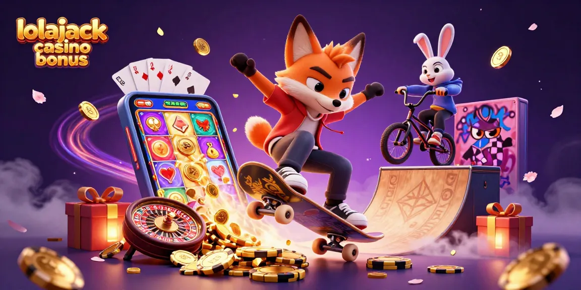 Experience the excitement of the lolajack casino bonus with a dynamic 3D scene of characters and casino elements.