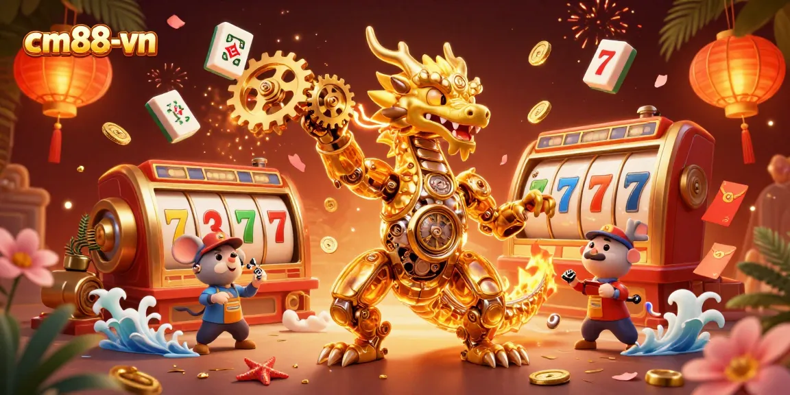 Experience the thrill at cm88-vn with a golden dragon amidst vibrant casino elements.