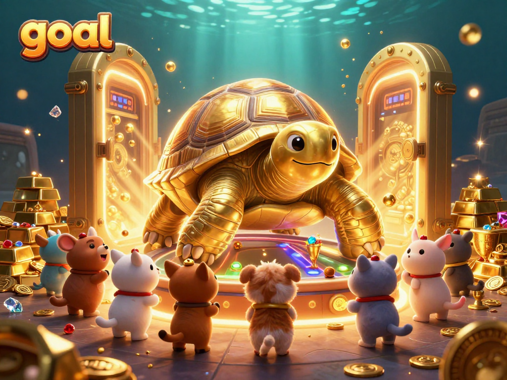 Engage with the goal-driven 3D scene showcasing a whimsical tortoise pinball machine amidst dazzling treasures.