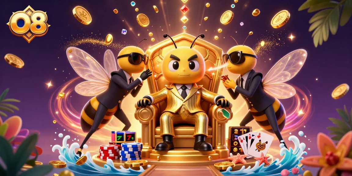 O8 showcases a buzzing mob boss directing slot machine reels and poker chips in a vibrant casino scene.