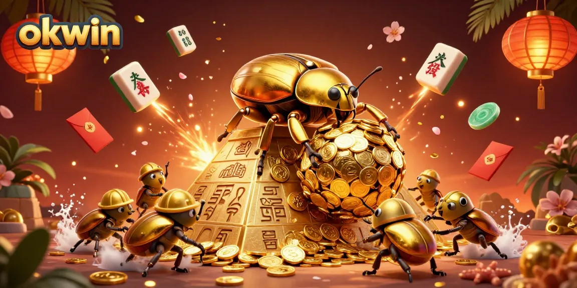 Experience the thrill of okwin gaming with a stunning 3D illustration of beetles rolling golden coins.