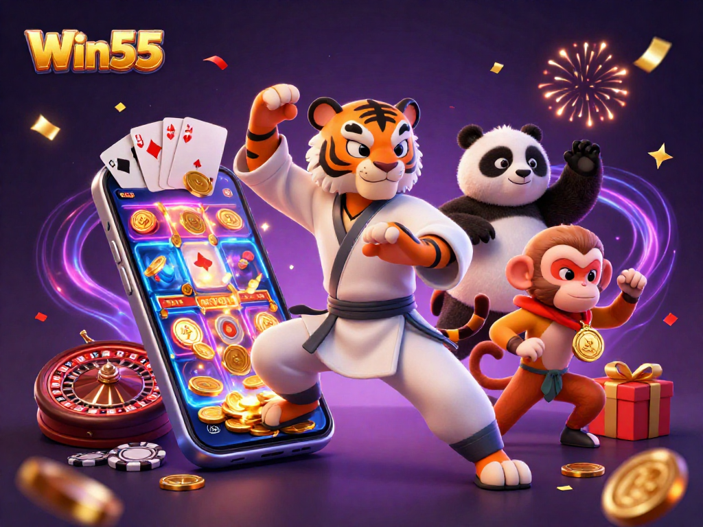 Win55 casino scene with kung fu tiger, playful panda, and monkey around slot games and poker.