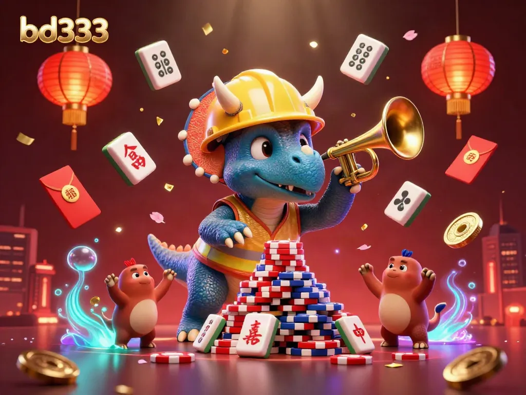 Join in the excitement with bd333 as a triceratops celebrates building poker chip pyramids in a vibrant casino atmosphere.