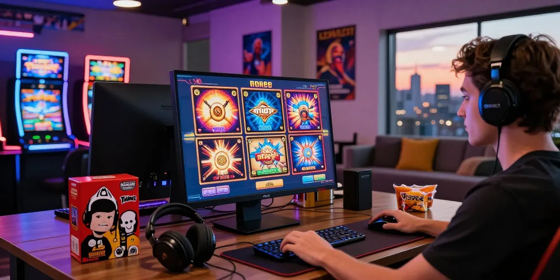 Engaged gamer playing exciting slot games online, showcasing a vibrant setup.