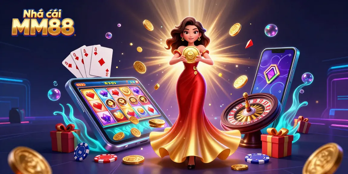 Engage with Nhà cái MM88 through exciting casino games featuring beautiful Asian woman and golden coins.