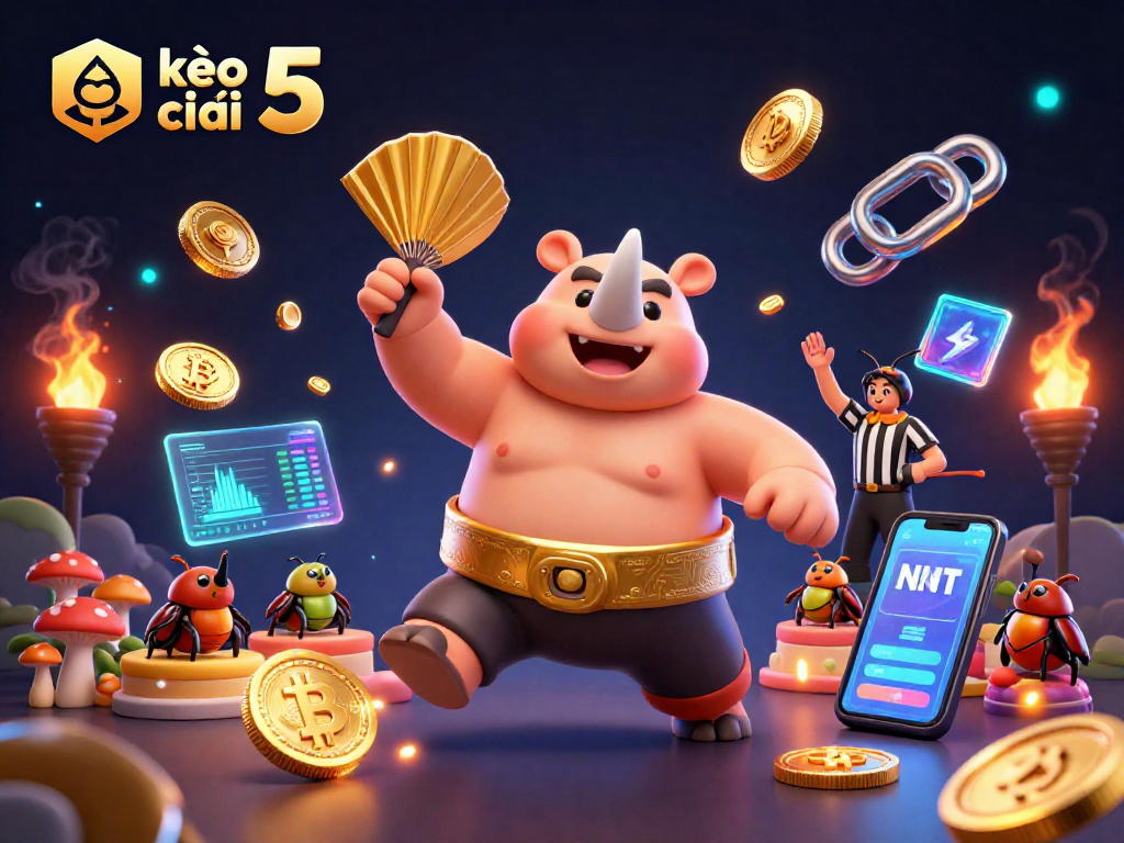 kèo nhà cái 5 powers up with a sumo champion beetle amidst glowing crypto coins in a colorful casino scene
