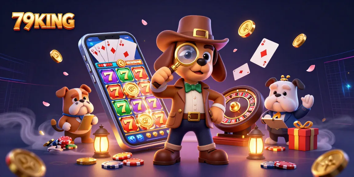 Experience exciting gameplay with 79KING as a detective uncovers treasure in a vibrant casino scene.