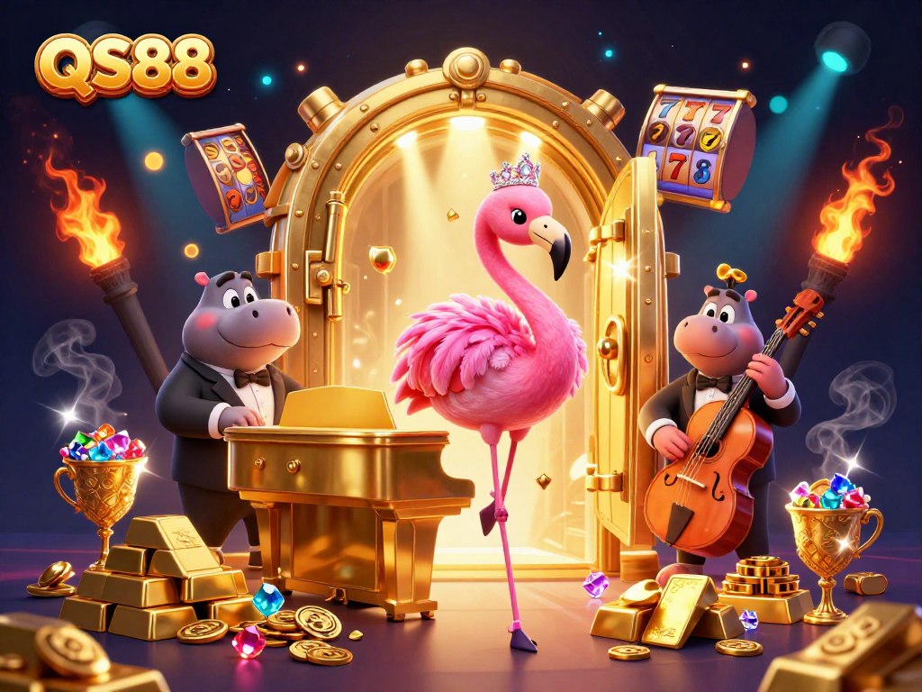 Experience thrilling action with QS88 casino games featuring a vibrant flamingo singer and hippo bassist.