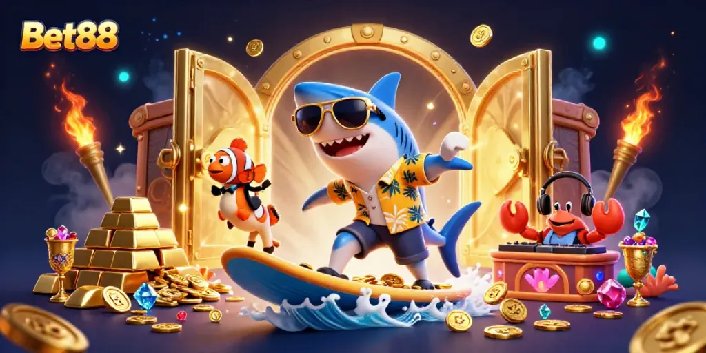 Bet88 features vibrant casino characters surfing on gold coins, showcasing a playful gambling theme.