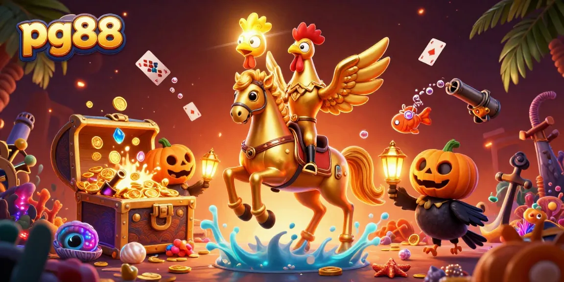 Experience the thrill at pg88 with golden rooster and spectral horse amidst dynamic casino action.