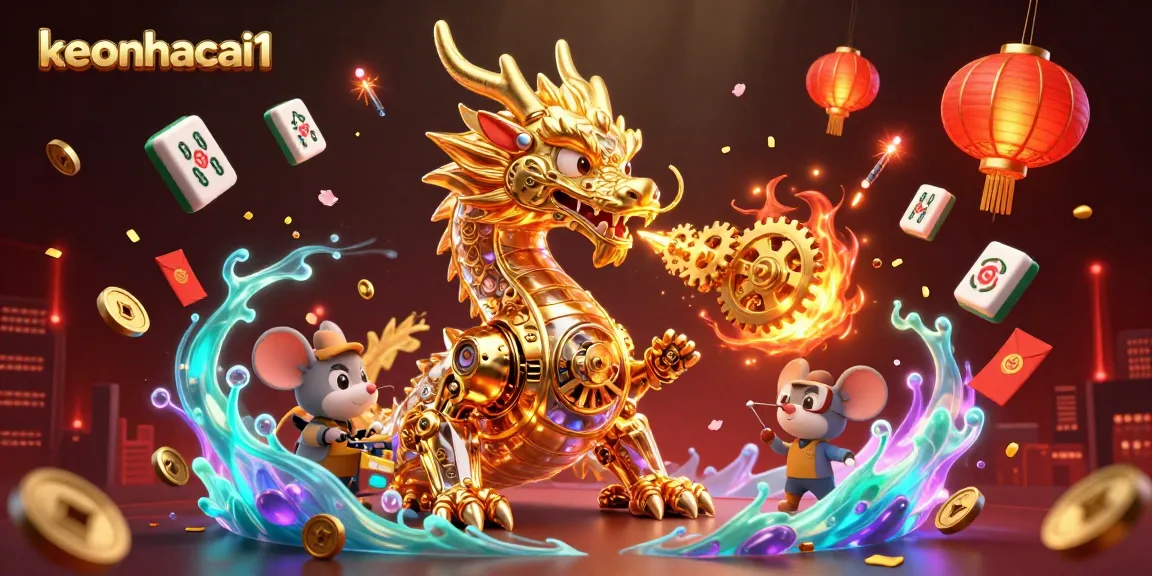 Engage with keonhacai1 for electrifying sports betting action, featuring a dragon of fortune amidst festive gambling elements.