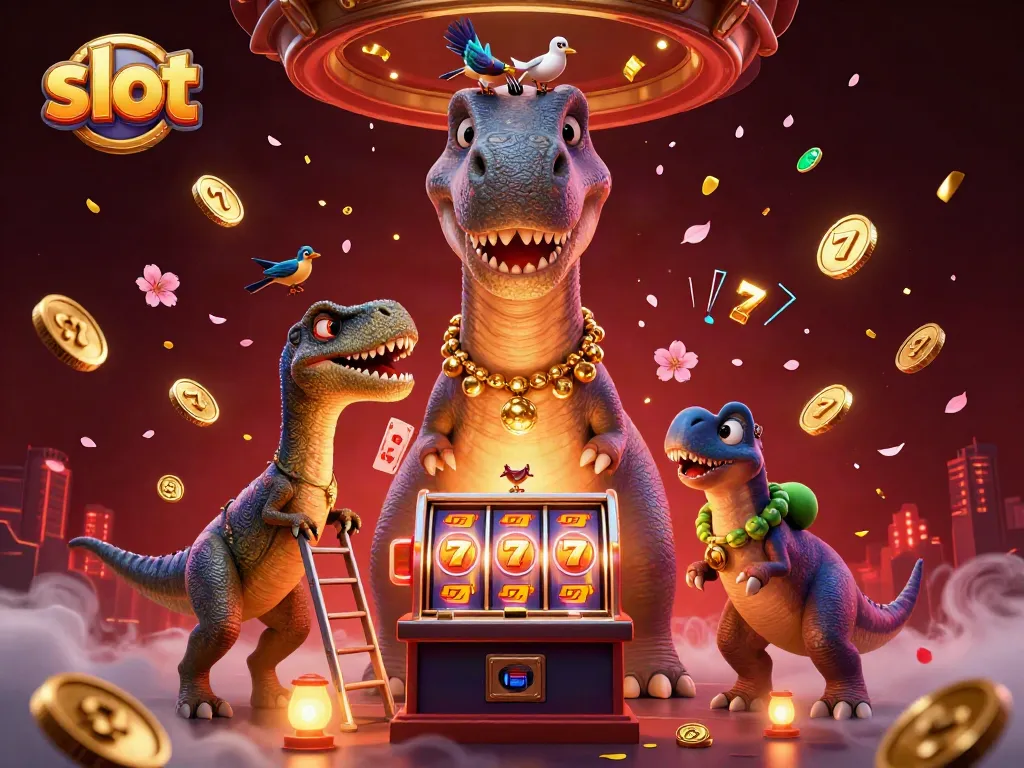 Spin slots with a whimsical brontosaurus and clever raptor in this vibrant casino scene.