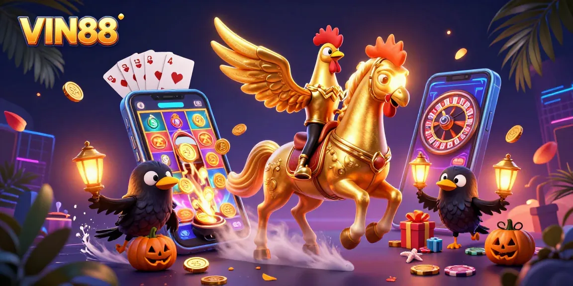 Experience thrilling games at VIN88 with a golden rooster and casino elements filled with excitement.