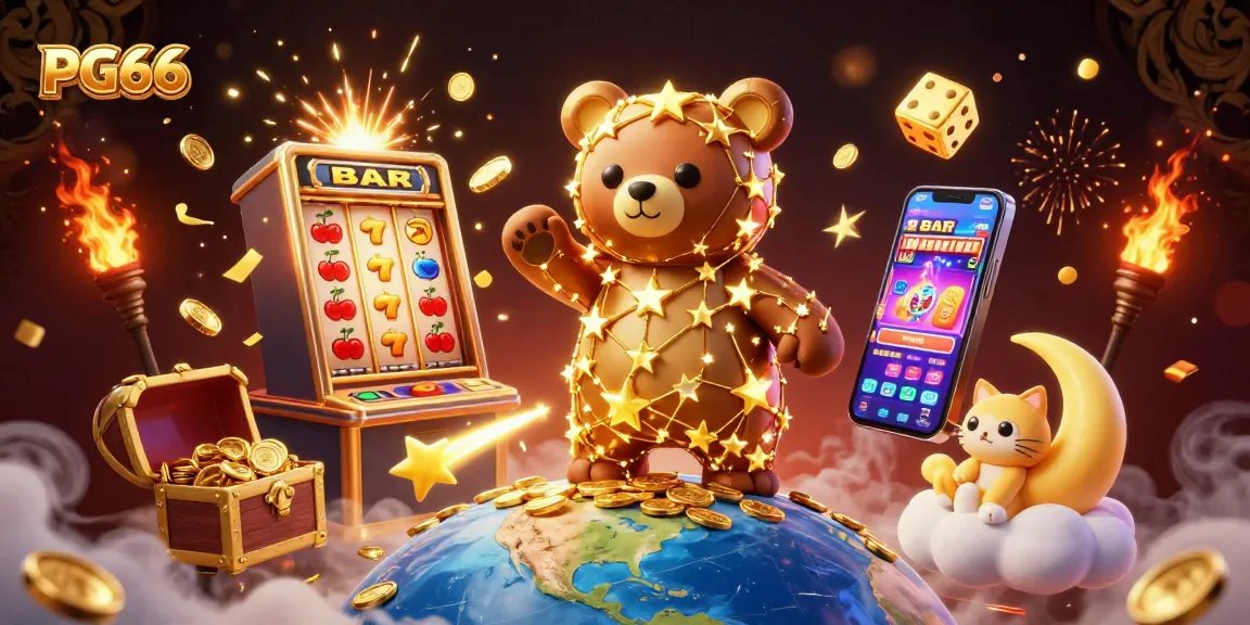 Enjoy thrilling PG66 casino action as the constellation bear scoops coins amidst vibrant gaming elements.