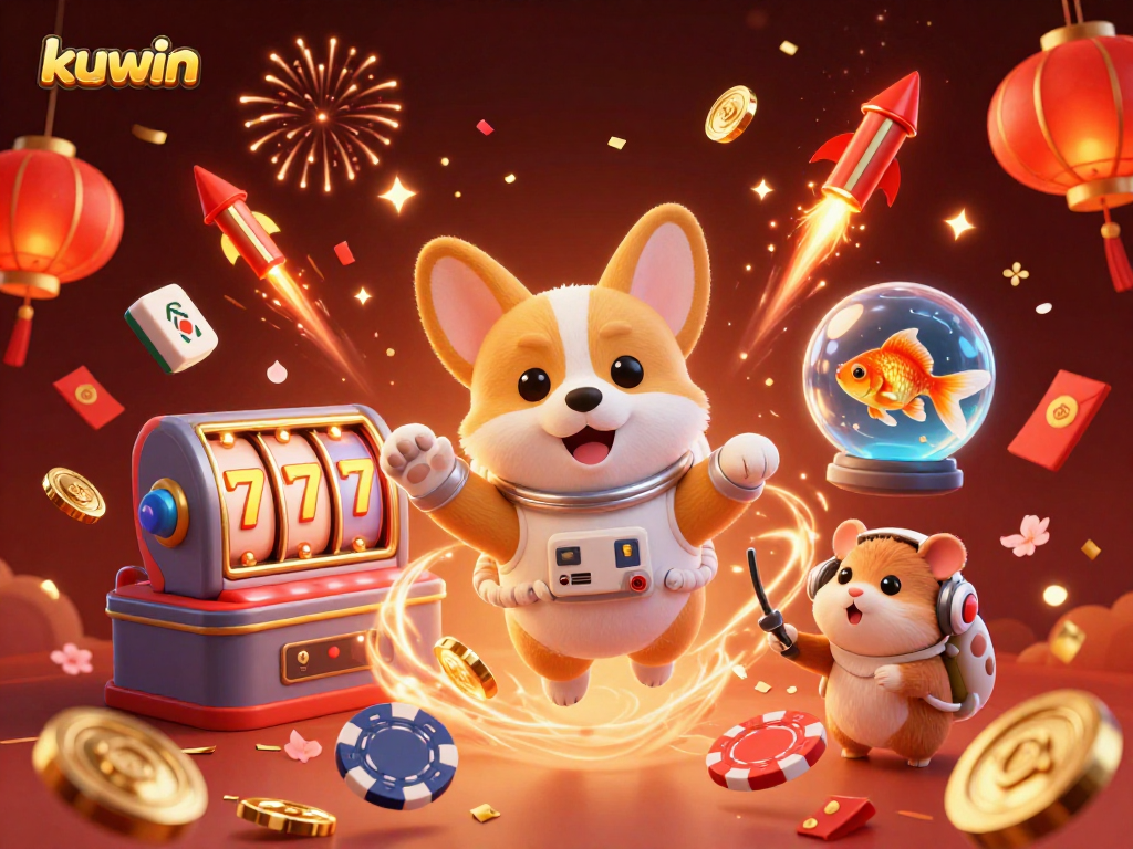 Kuwin provides exciting slots as a corgi astronaut explores a casino with vibrant, dynamic gaming elements.