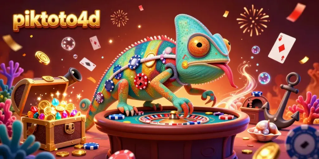 Experience the exciting win at piktoto4d with a dynamic illustration of a colorful chameleon casino owner amidst gold coins and vibrant gaming elements.