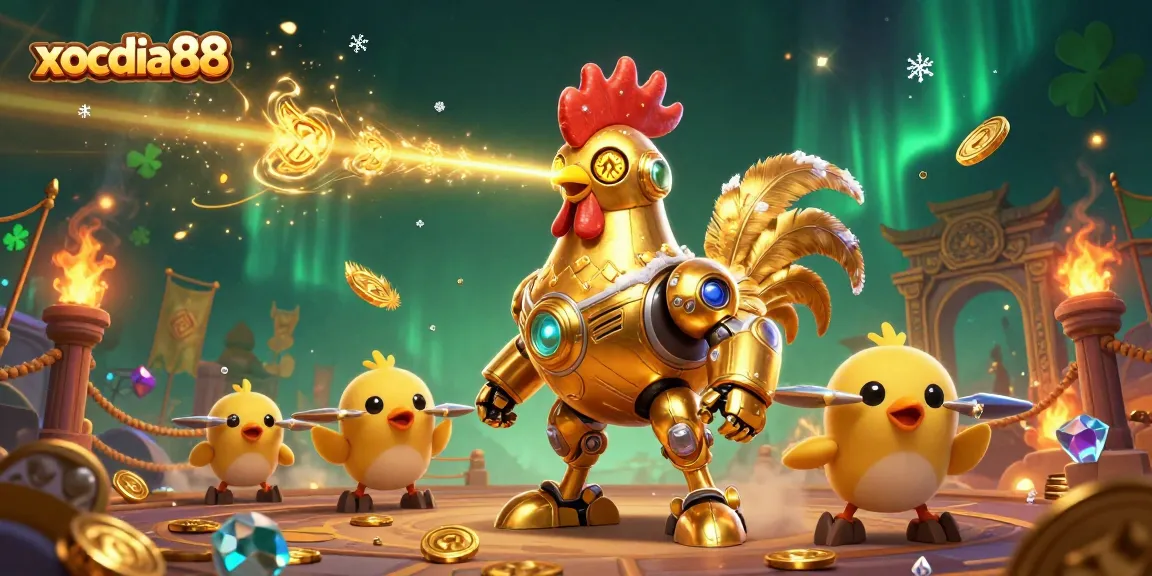 xocdia88 features a futuristic golden rooster robot and baby chick drones in an exciting gaming atmosphere.