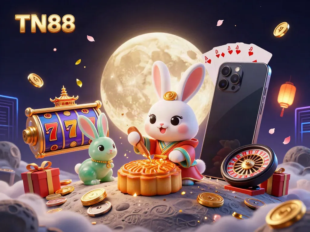 Engage in thrilling slots experience with TN88 featuring a moon rabbit and vibrant casino elements.