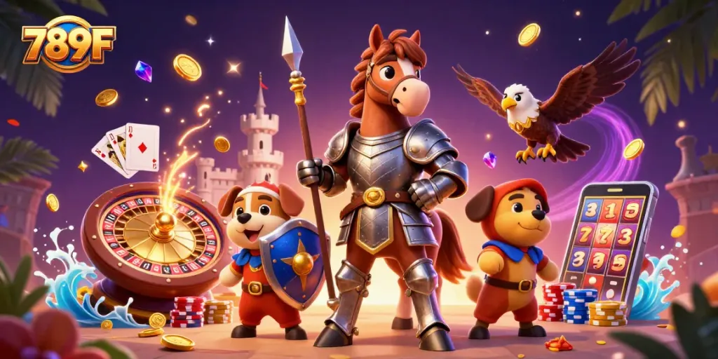 Experience the excitement of 789F as the medieval knight, squire, and falcon celebrate casino wins.