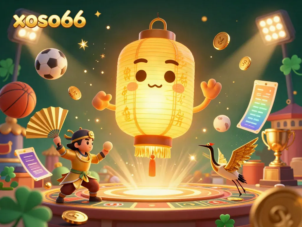 Join the excitement of xoso66 with a magical night market casino illuminated by a golden lantern spirit and dynamic sports elements.