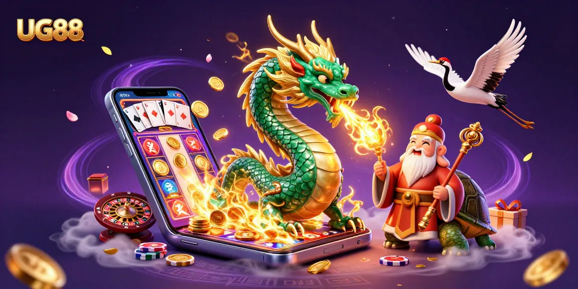 Experience the excitement of UG88 with a vibrant dragon, turtle sage, and lucky cranes in a dynamic casino scene.
