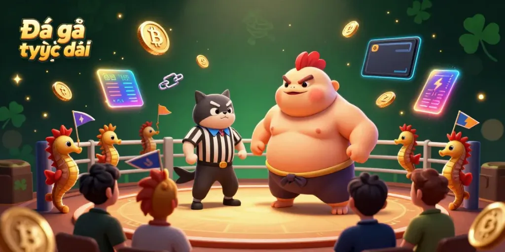 Engage in Đá gà trực tiếp with exciting visuals of a cockfighting arena featuring a blowfish referee.
