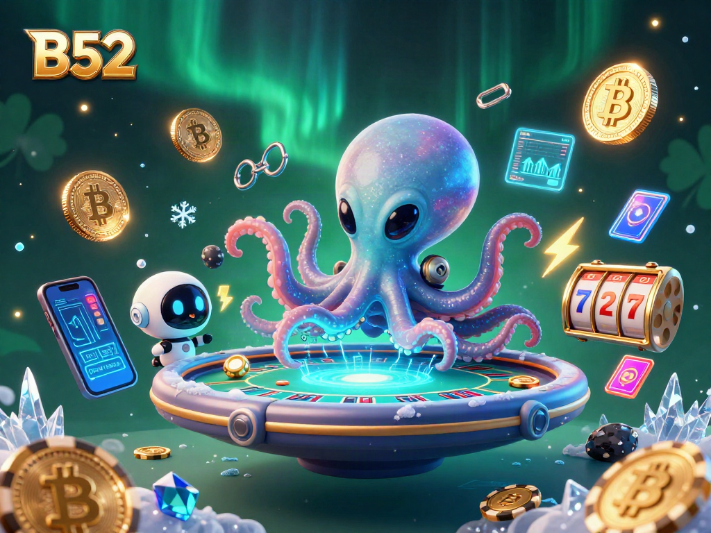 Play B52 with vibrant alien characters at a floating poker table surrounded by crypto elements.