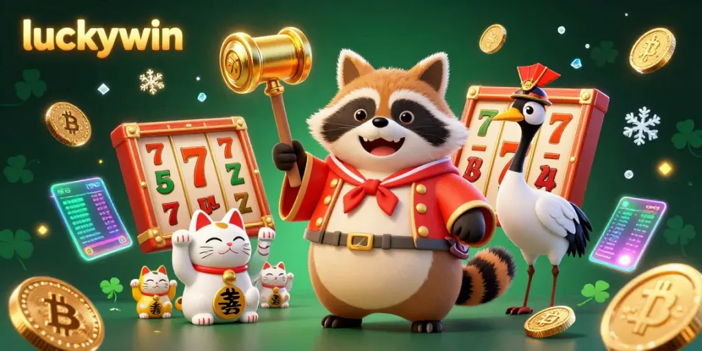 Experience the excitement of luckywin with a cheerful tanuki, jackpot reels, and vibrant casino elements.