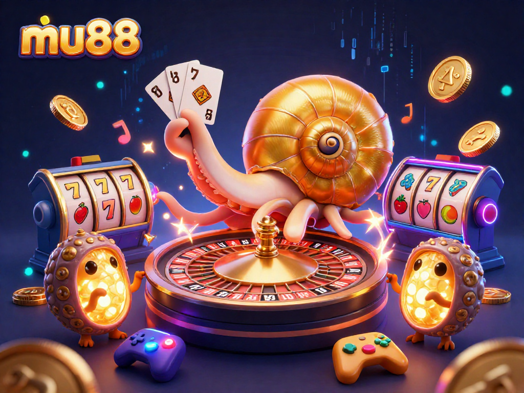 Experience mu88's dynamic casino atmosphere with a 3D illustration of a nautilus roulette wheel surrounded by gaming elements.