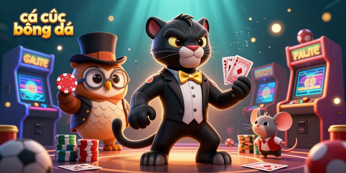 Engaging 3D illustration of cá cược bóng đá scene with panther dealer, owl and mouse, showcasing vibrant sports betting elements.