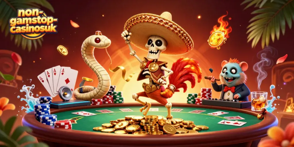 Experience gaming excitement with the non-gamstop-casinosuk featuring a mariachi rooster on coins.