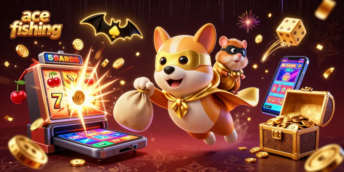 Ace fishing game with a superhero dog and colorful casino elements, showcasing fun gaming dynamics.