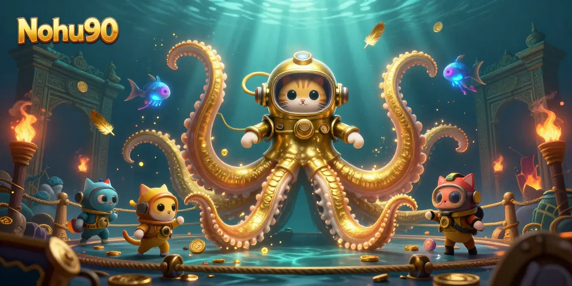 Nohu90 gaming action with a kraken and diving cat amidst swirling gold coins, capturing the thrill of slots.