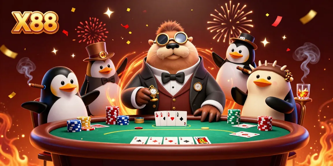 Experience thrilling poker action at X88 with our jolly walrus, sophisticated dealer, and bluffing pufferfish.