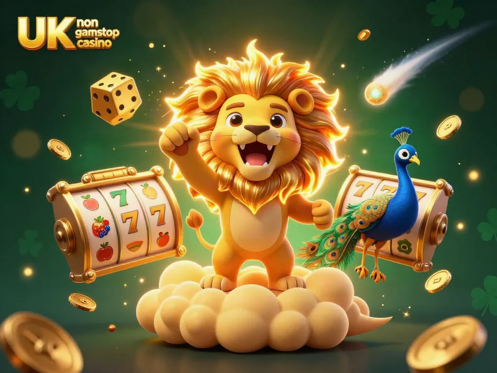 Engage with the UK non gamstop casino scene featuring a roaring sun lion and spinning slot reels.