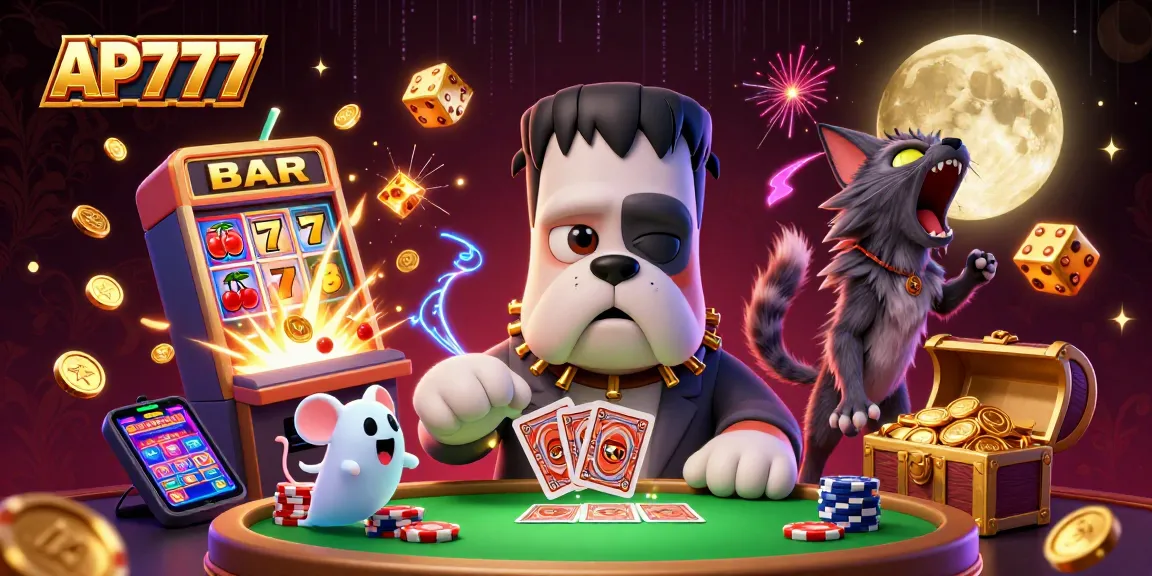 Engage in exciting casino games at AP777 with a colorful illustration of unique characters and vibrant elements.