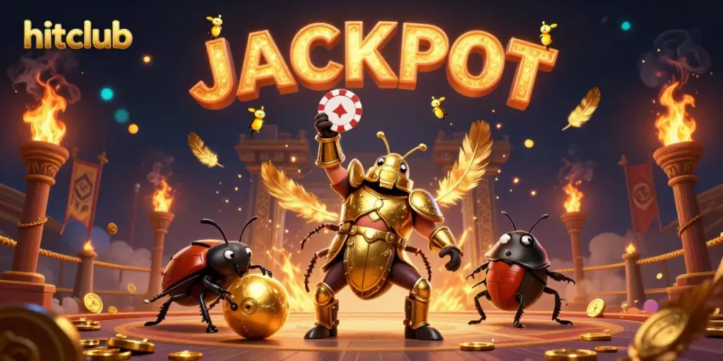 Engage with hitclub's thrilling gambling experience as a hercules beetle emerges victorious with poker chips.
