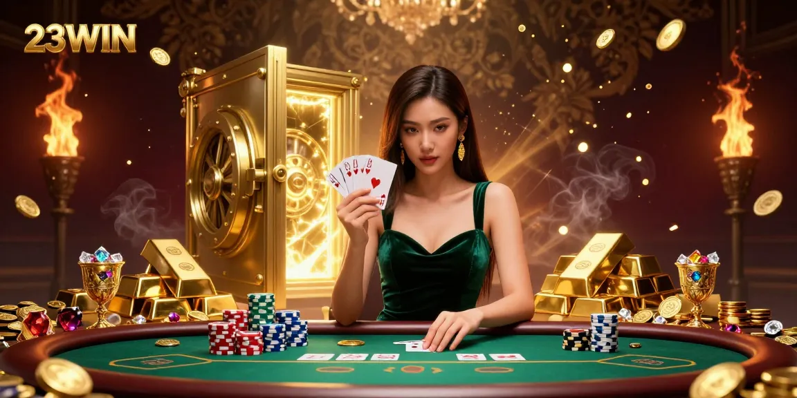 Experience the thrill of winning at 23WIN with a stunning poker scene featuring an Asian woman and luxurious casino elements.