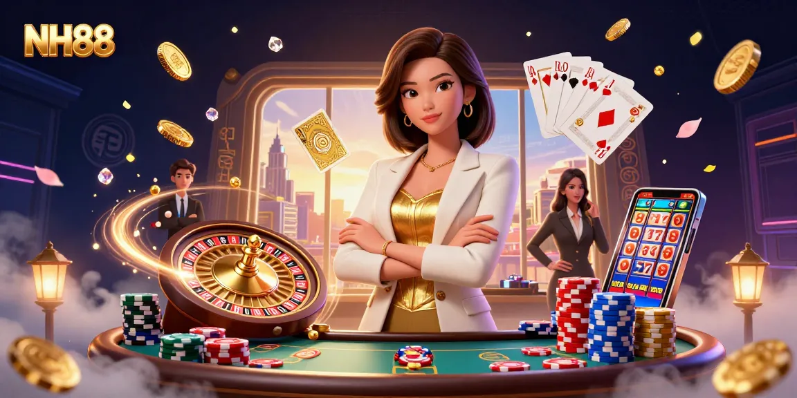 Experience thrilling gaming moments at NH88, featuring dynamic casino elements in a vibrant scene.