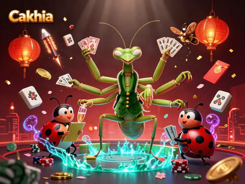 Cakhia showcases a lively 3D digital illustration of a giant praying mantis and ladybug pit boss amid festive casino elements.