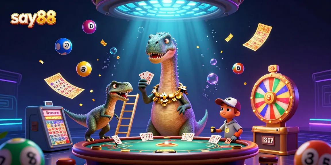 Experience the excitement of say88 with a vibrant casino illustration featuring playful characters and dynamic gambling elements.