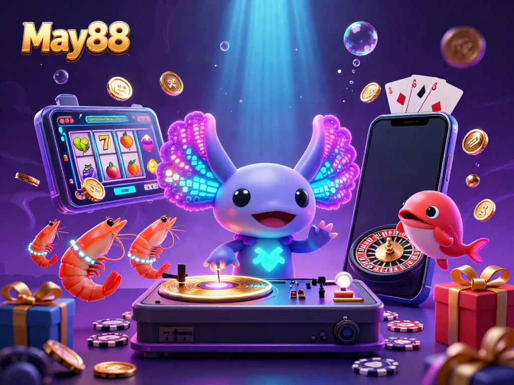 Experience May88's vibrant casino atmosphere with a neon axolotl DJ and exciting gaming elements.