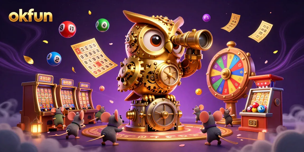Engage in the magic of okfun with a vibrant 3D casino scene featuring a golden owl and lottery elements.