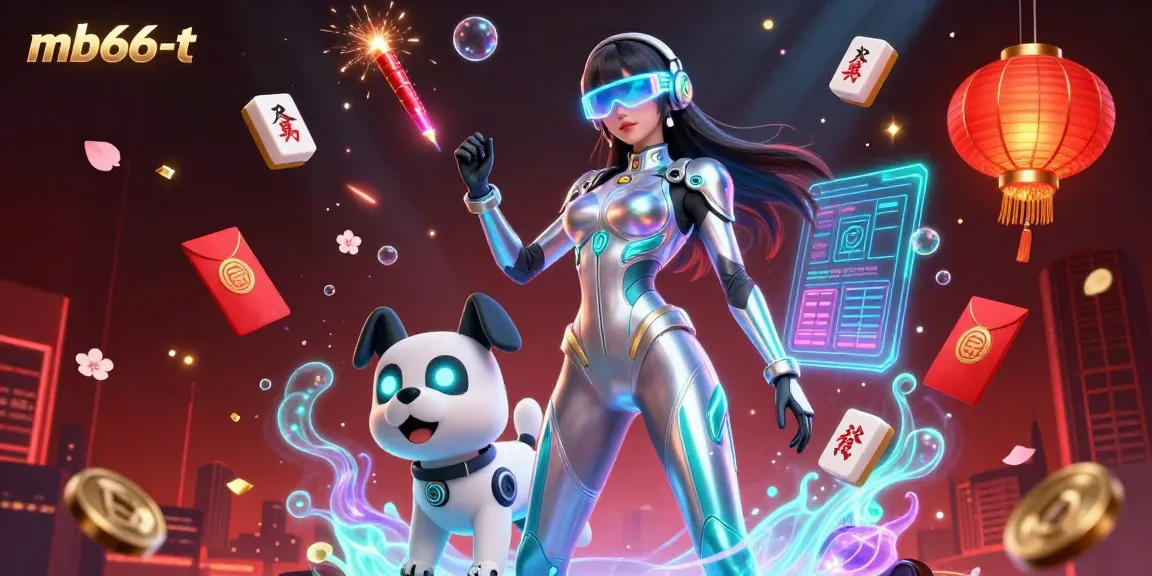Engage in thrilling gaming action with mb66-t, featuring a futuristic woman and robot in a vibrant casino scene.