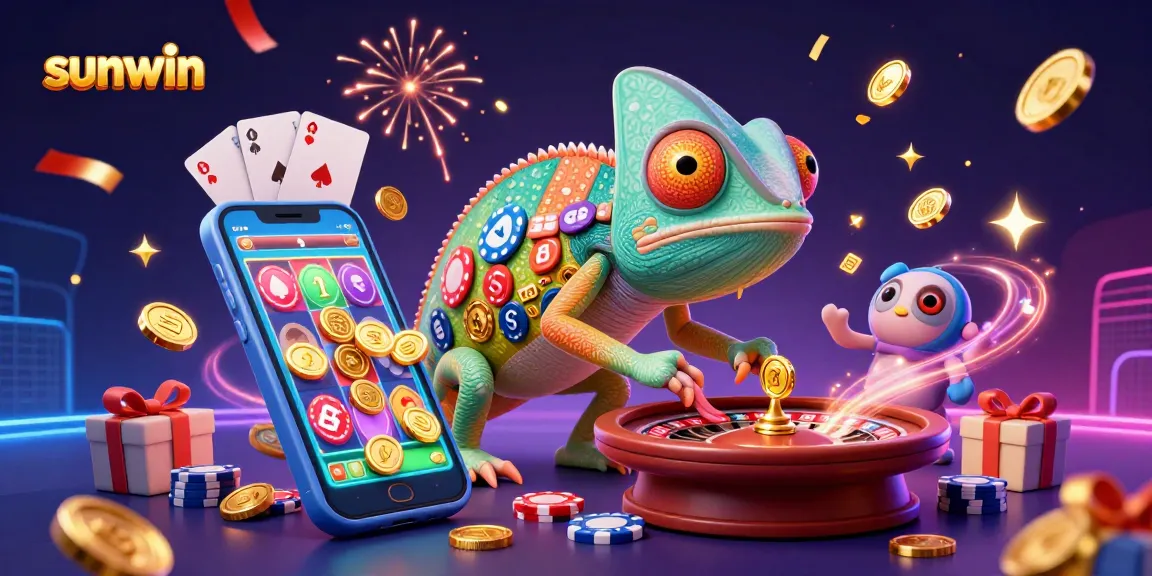 Experience classic casino excitement with the sunwin chameleon owner snapping up golden coins in a vibrant scene.