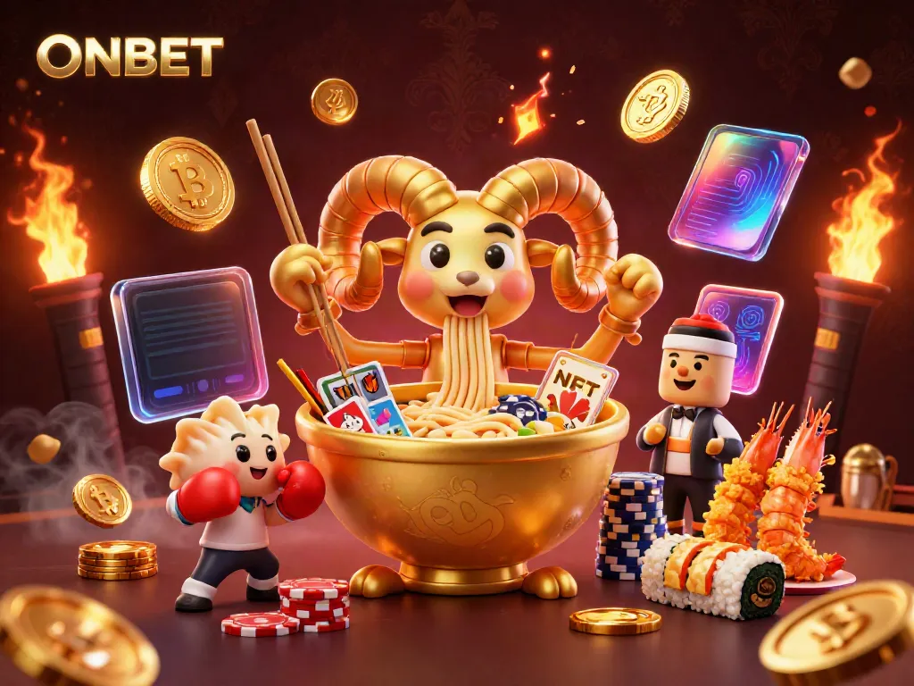 Engage in thrilling games with ONBET as a giant ramen bowl dealer and crypto elements surround the action.