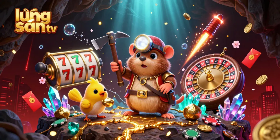 Lương Sơn TV showcases dynamic gambling scenes with cartoon treasure hunter characters and vibrant casino elements.