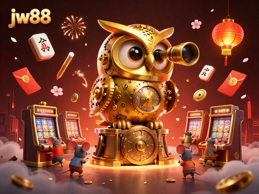 Experience the vibrant energy of jw88 with a clockwork owl in a bustling casino scene.